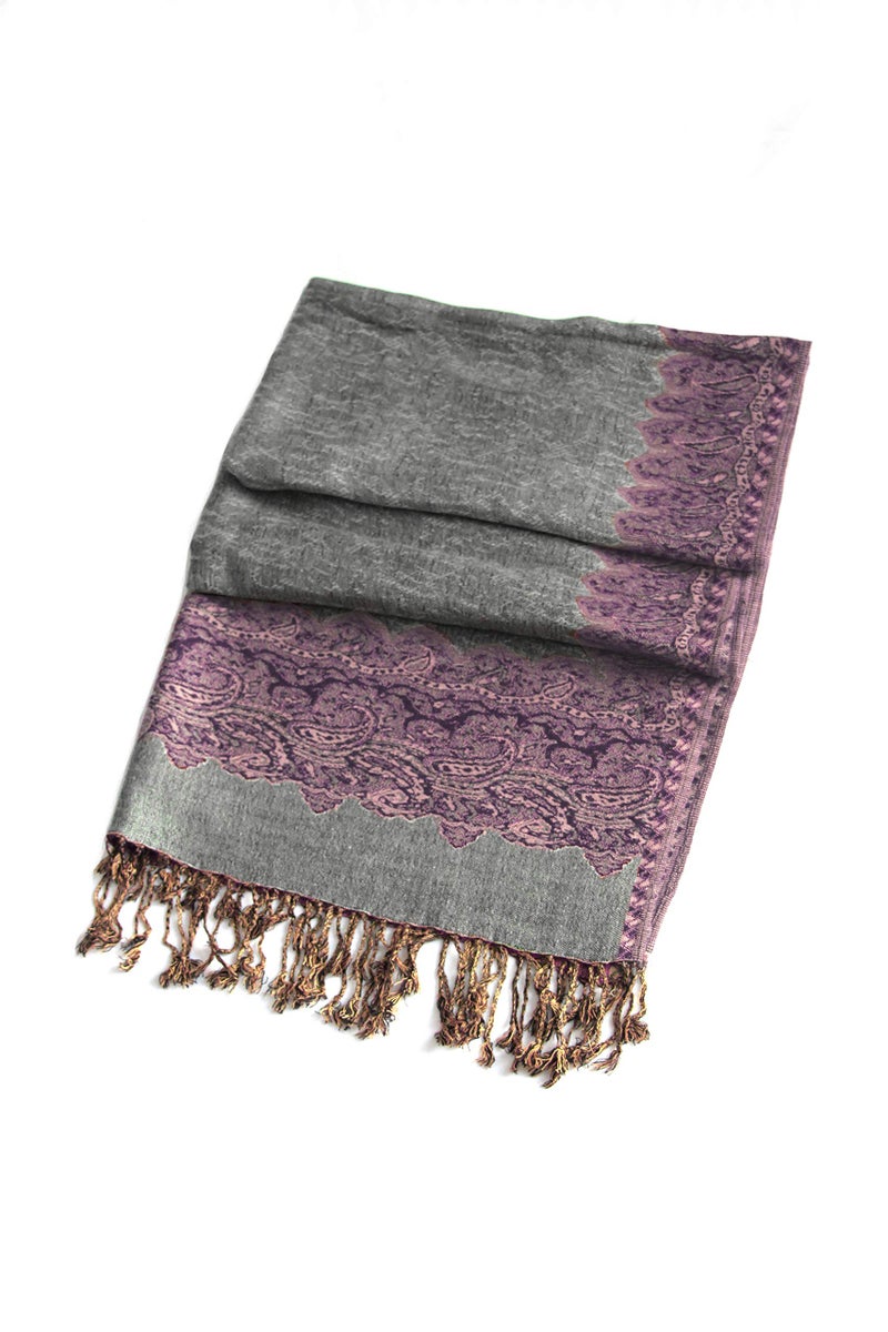 Sakkas Border Pattern Layered Reversible Woven Pashmina Shawl Scarf Wrap Stole - Black Ivory - Image 2